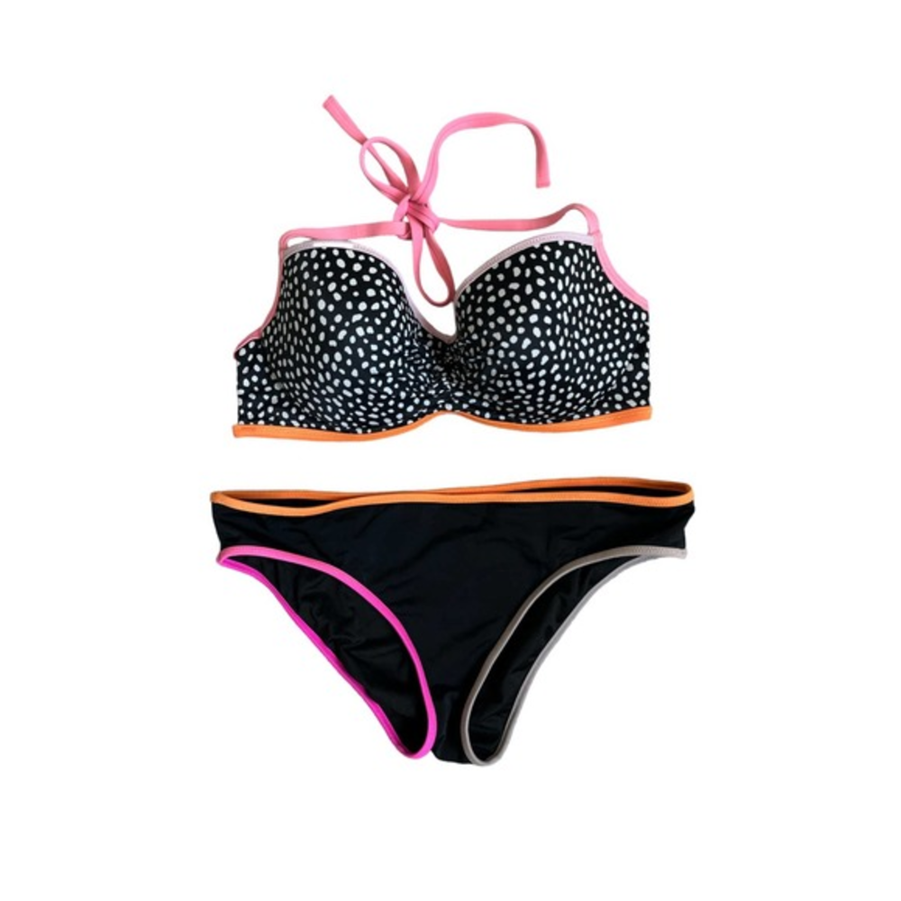 Victoria’s Secret Bikini Swimsuit Dots Black Solid Bottom Size 32DD Medium‎